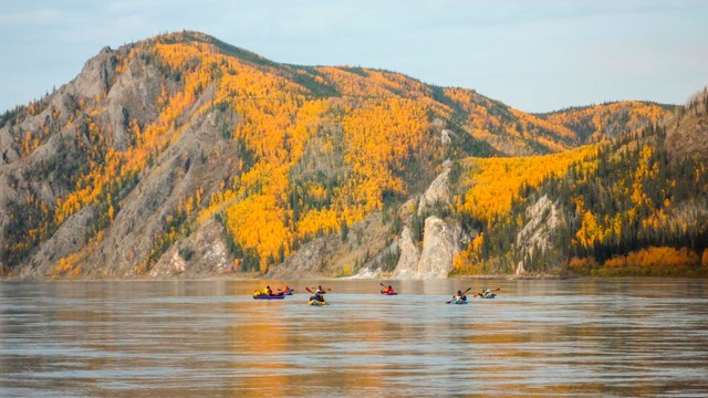Kayakers on the Yukon River in fall