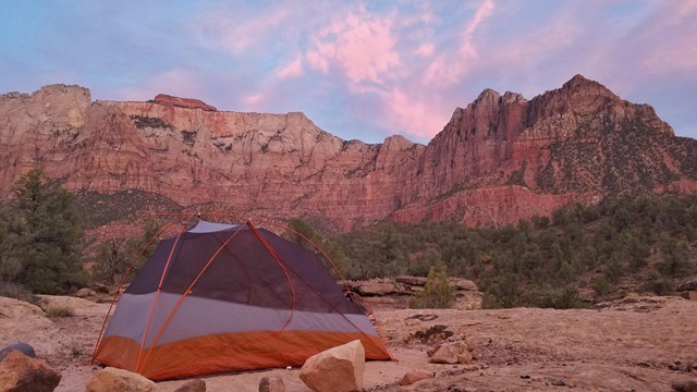A tent sits in a wilderness campsite, with beautiful sandstone cliffs in the distance.