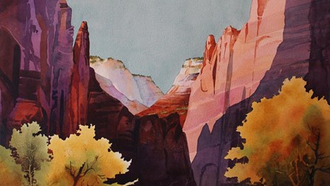 A painting of Zion Canyon