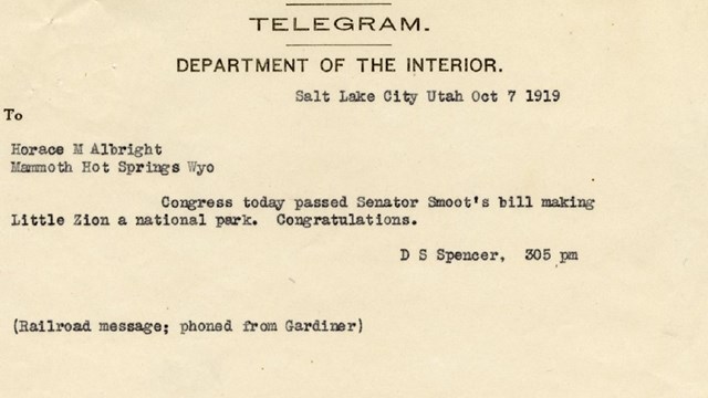 Telegram about creation of Zion National Park.