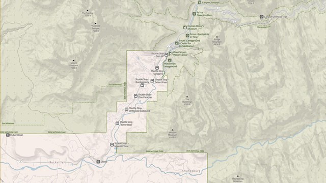 A topographical map showing Zion Canyon.
