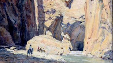 Painting of a high, narrow canyon (the Narrows) in Zion National Park by Howard Russell Butler