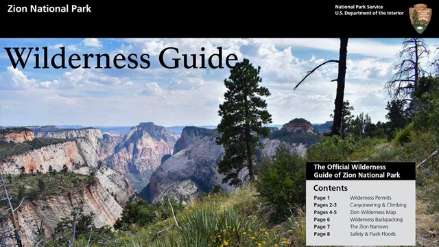The front cover of a brochure, which reads "Zion National Park Wilderness Guide."