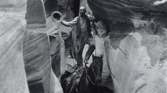 A person and a horse stand in water in a slot canyon.