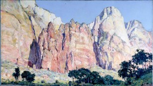 Painting of Zion Canyon with the Virgin River in shadow