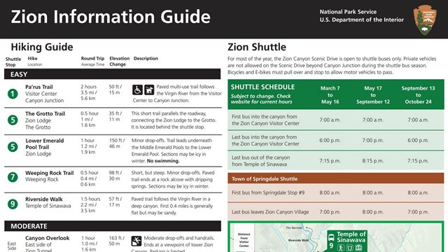 The front page of a folding brochure, which lists shuttle information and trail details.