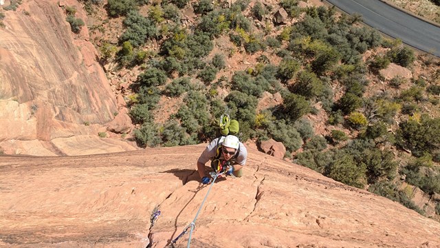 A climber scales a vertical wall in Zion