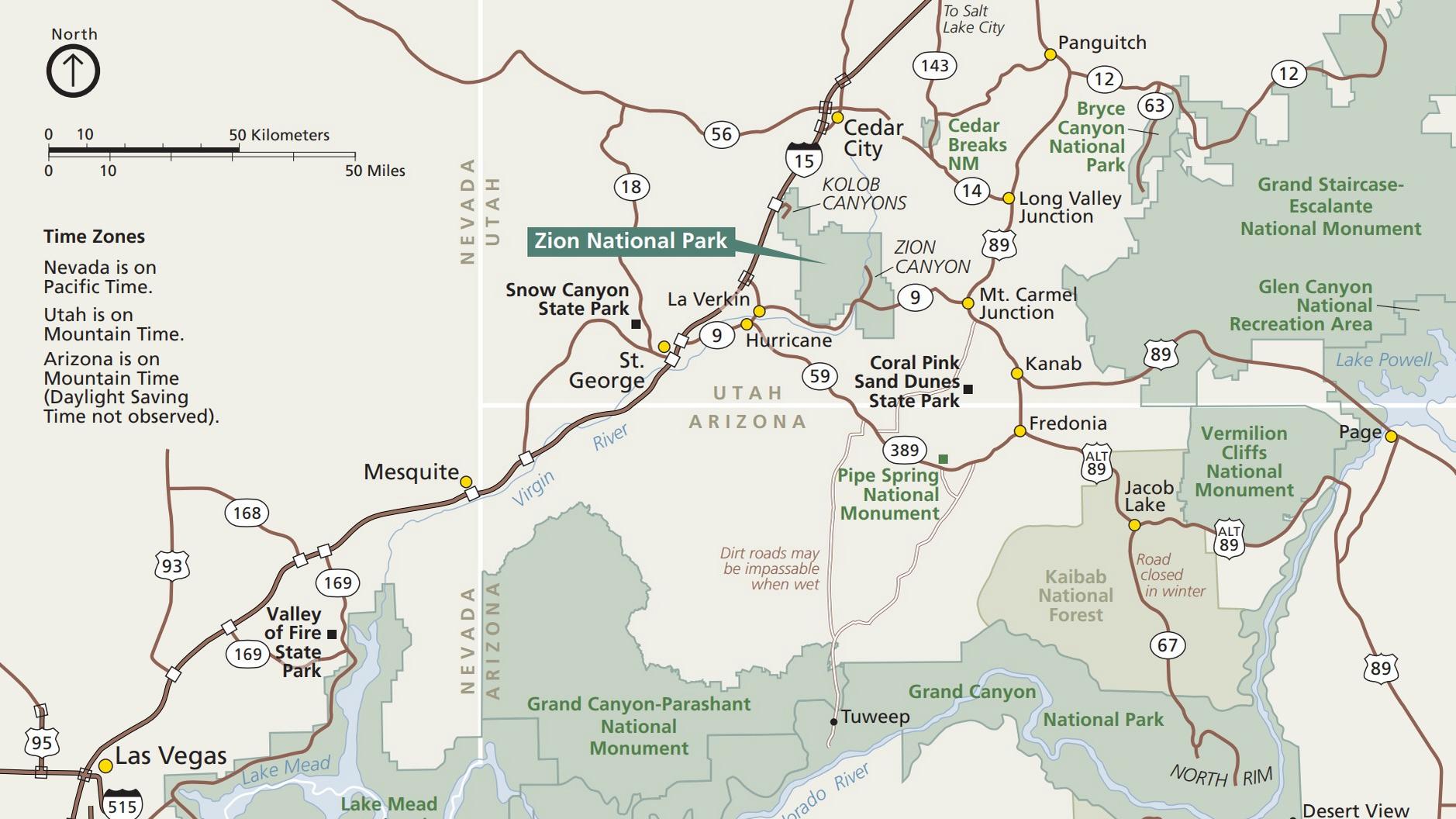 A simple map showing Zion National Park and surrounding areas of interest.