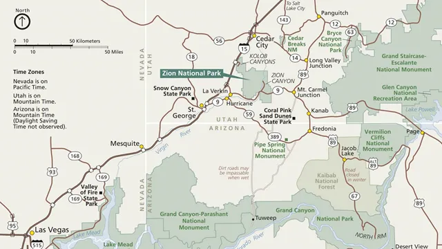 A simple map showing Zion National Park and surrounding areas of interest.