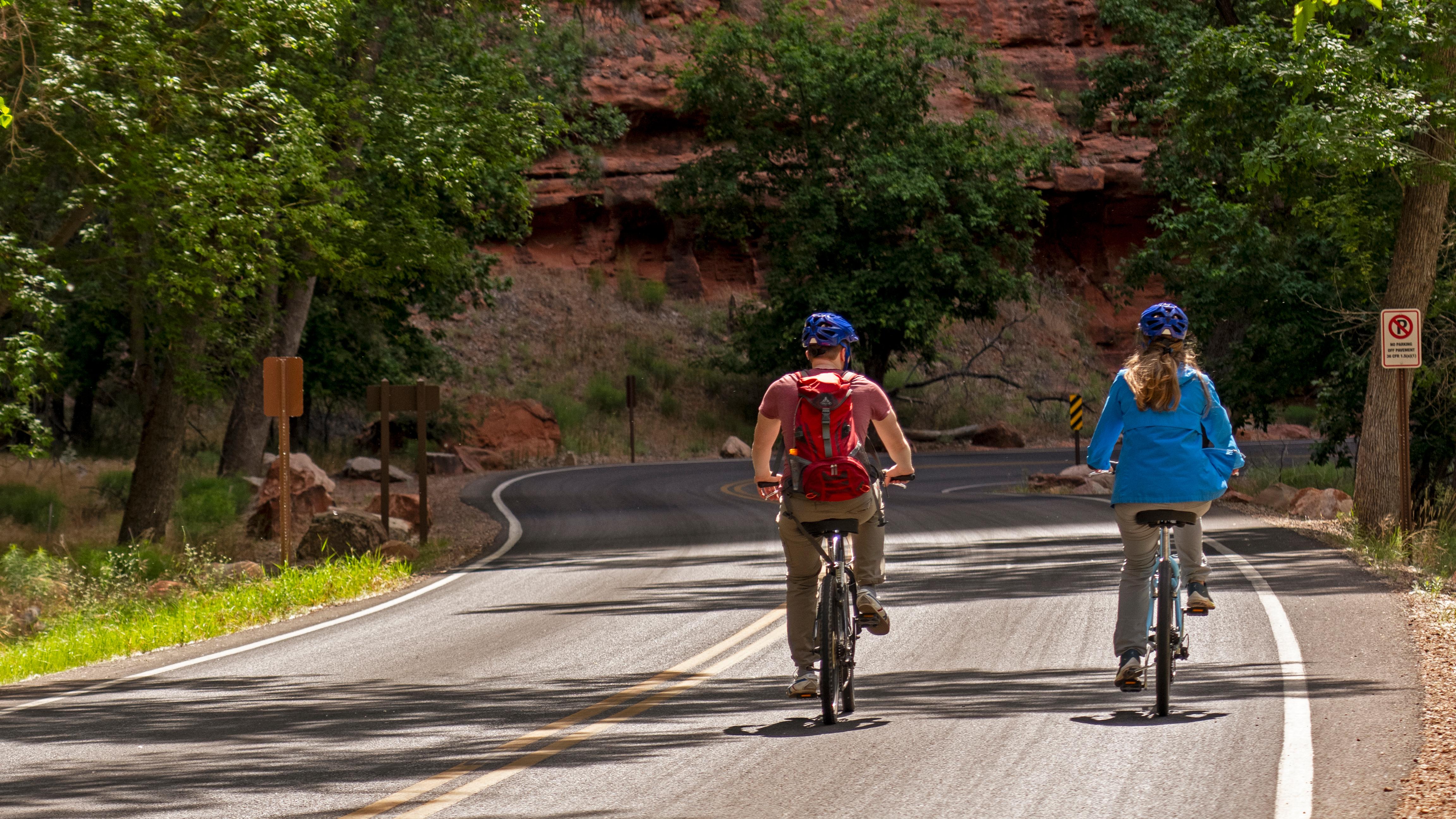 Two bikers on a road surrounded by trees and red rock.