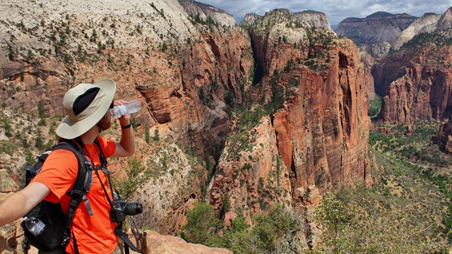 A hiker holds drinks water as they gaze into Zion Canyon.