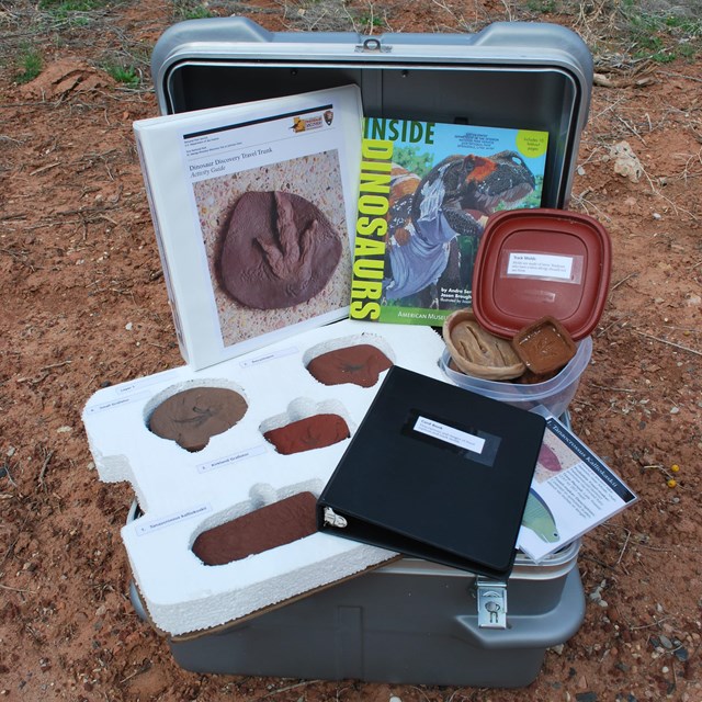 A box of educational supplies