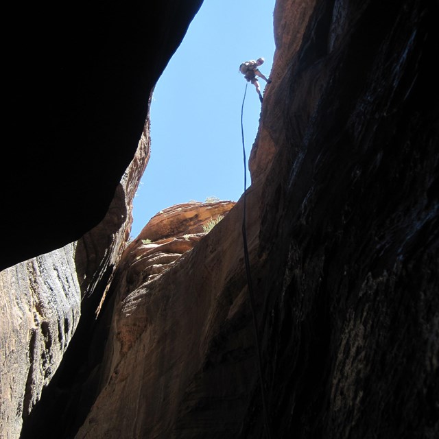 A person rappels into a slot canyon, with blue sky visible high above.