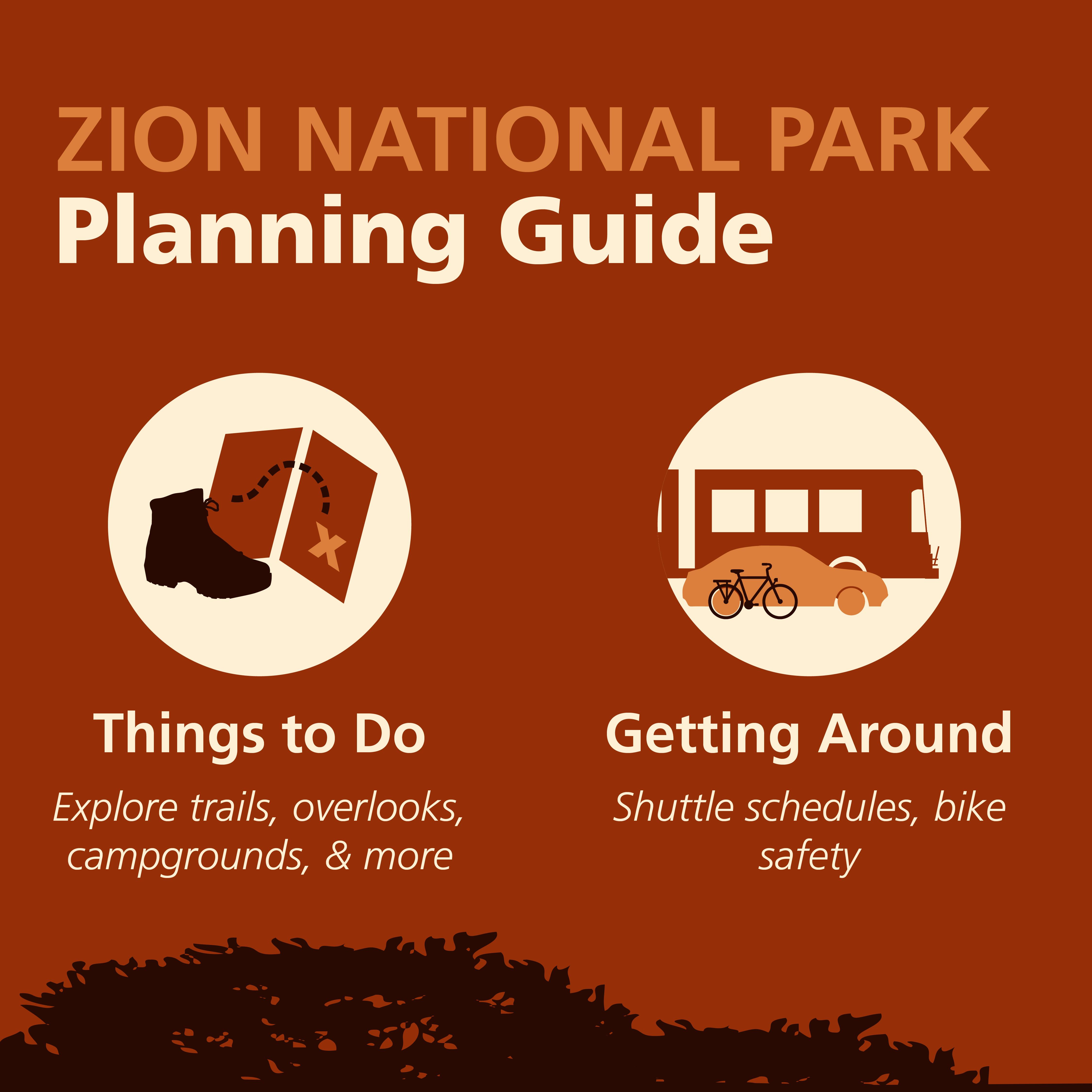 Red illustration of a ranger pointing with three icons: things to do, getting around, ranger program
