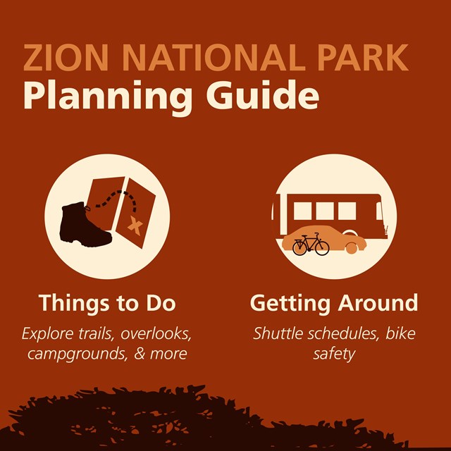 Red illustration of a ranger pointing with three icons: things to do, getting around, ranger program