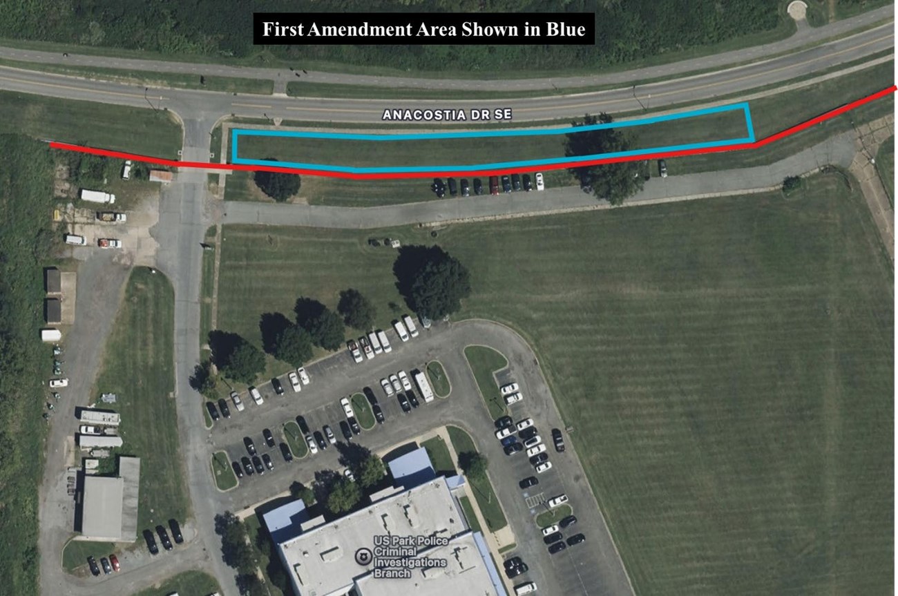 Aerial view map of First Amendment area outlined in blue 