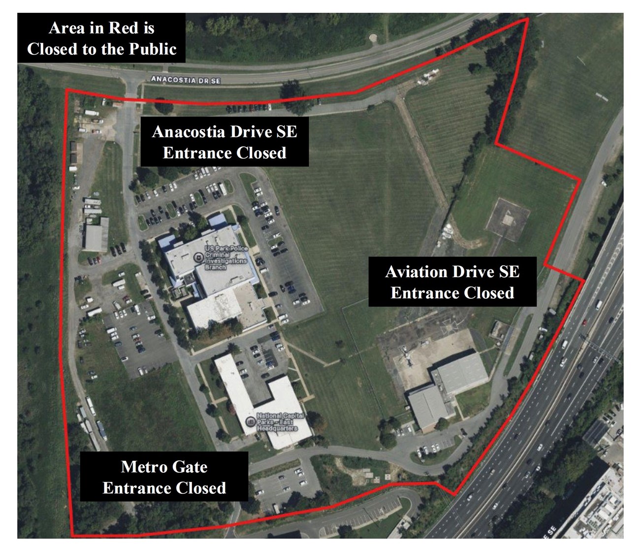 Aerial view map of closed area outlined in red
