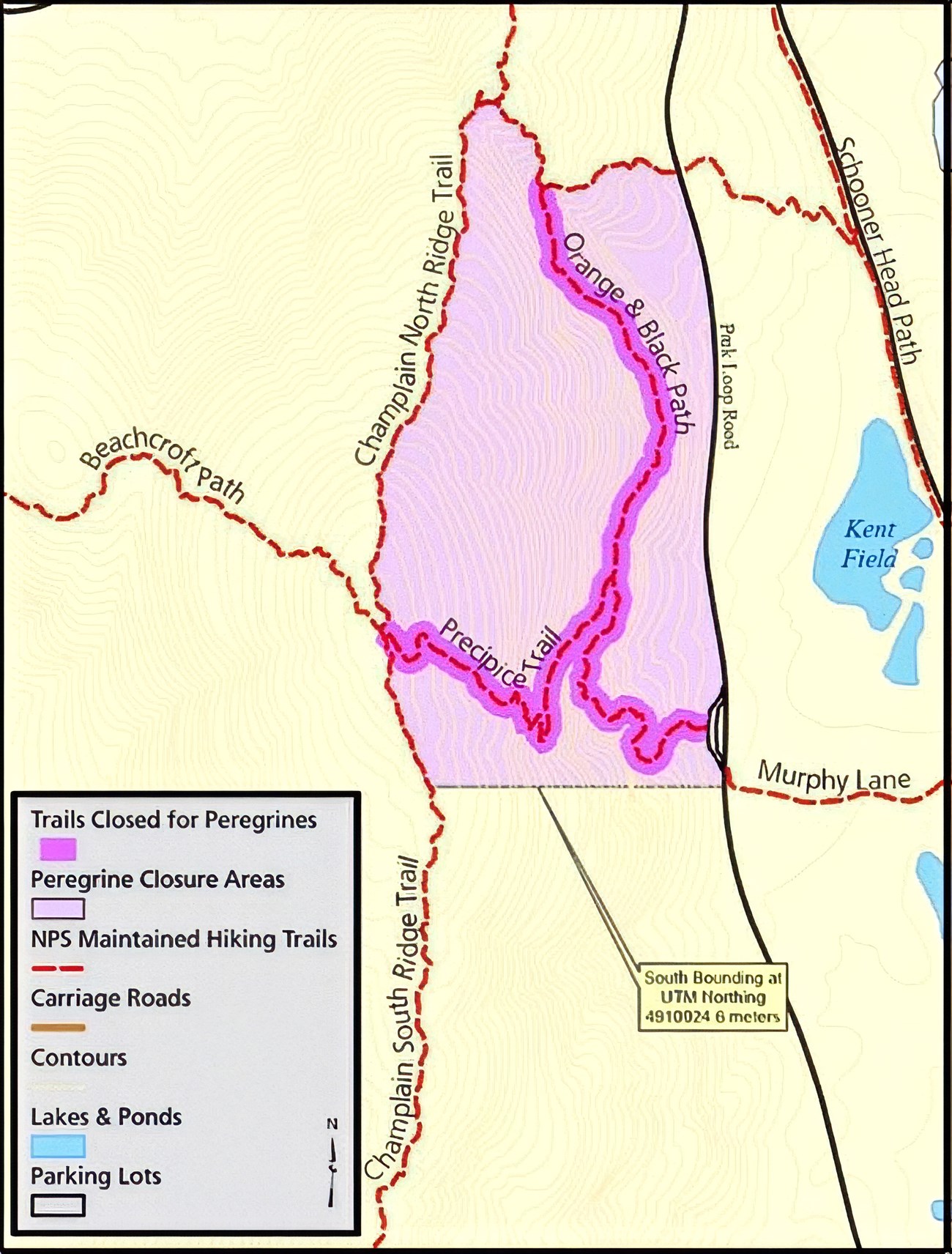 Shaded area covers broad cliffside. Highlighted trail corridor showing closed section winds vertically through center, branching at southern end.