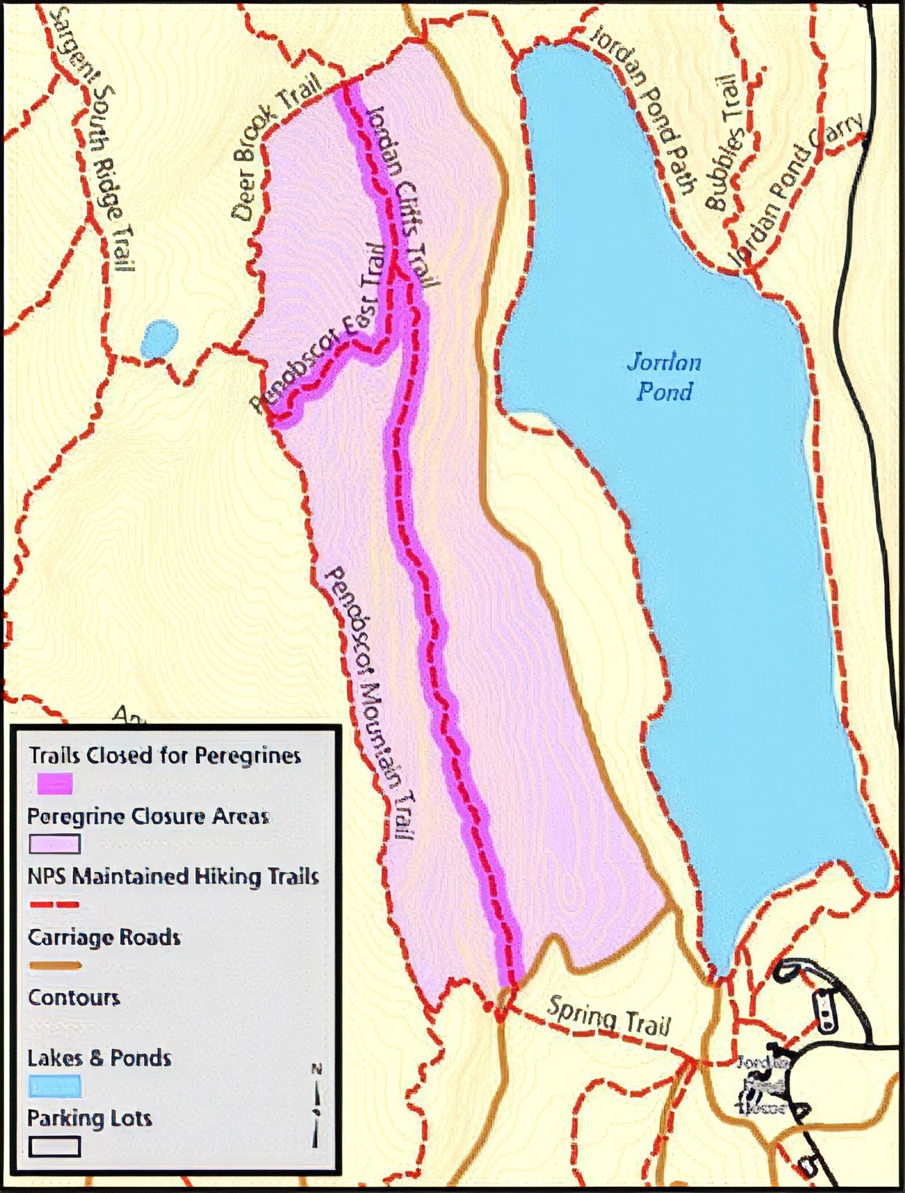 Shaded area follows ridgeline west of large pond. Closed trail section runs north to south through center, includes westward branch on north side.