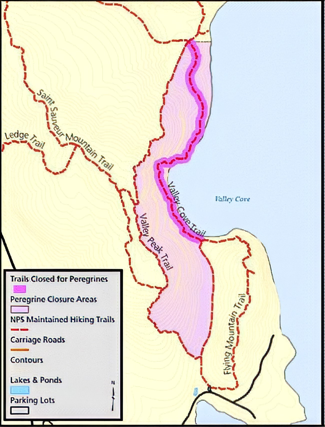 Shaded area forms narrow north-south corridor along shoreline widening inland on the south. Closed trail section on eastern side, hugging shoreline.