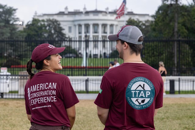 Traditional Trades Advancement Program (TTAP) interns Kendall Soriano (left) and Brenton Tate (right) smile near the White House in Washington, July 22, 2025.