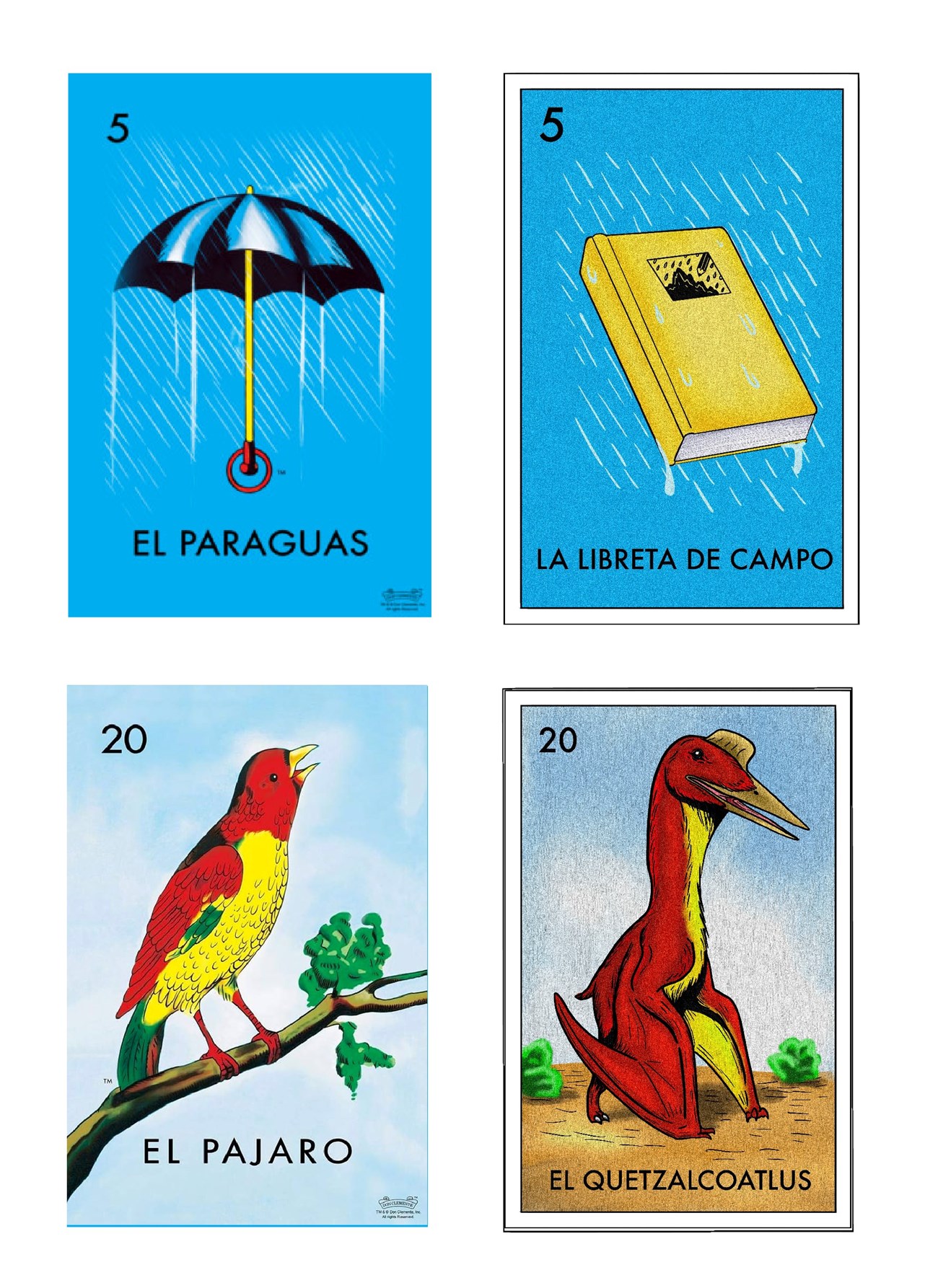 Two of the Paleoteria cards with their original Loteria counterpart.