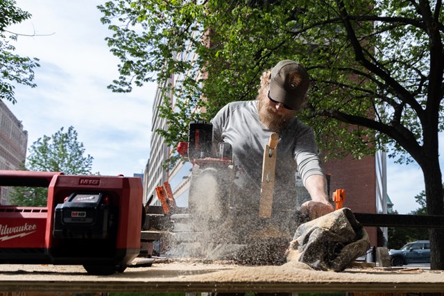 NPS staff cut wood for the new benches in Dupont Circle