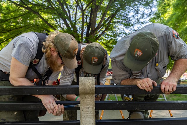 NPS staff install new benches at Dupont Circle. 