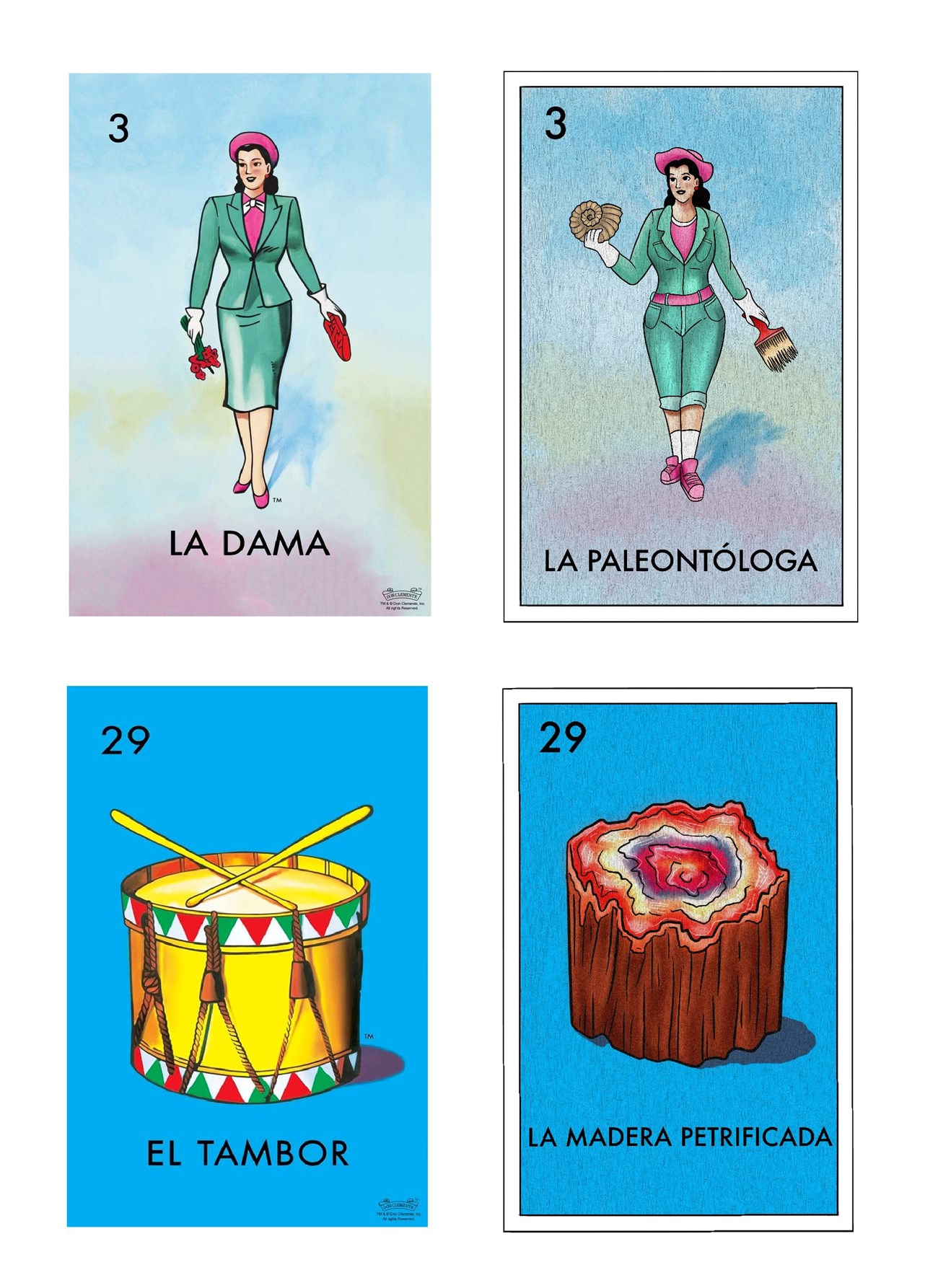 Brightly colored paleoteria cards are shown next to their original Loteria counterparts. 