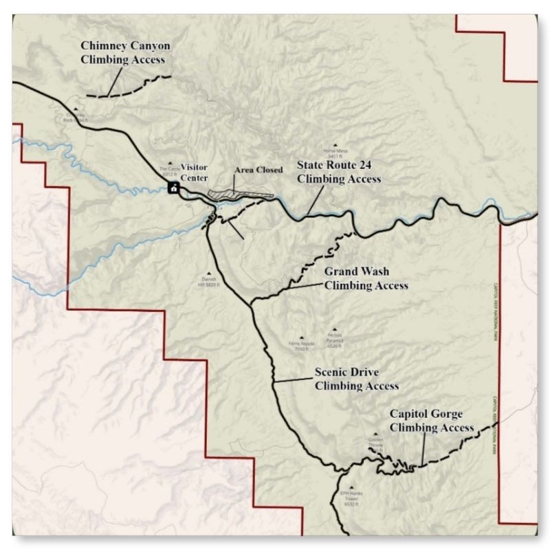 Map of Capitol Reef climbing access zones and Visitor Center location.