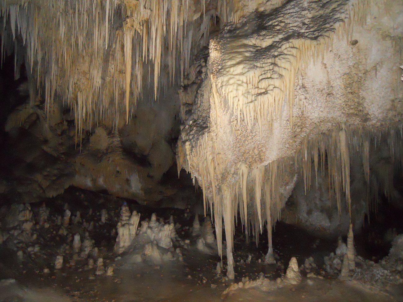 a picture of various cave formations including stalagtites, stalagmites, columns, and flow stone