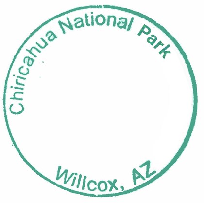 green on white stamp says Chiricahua National Park - Willcox, Arizona