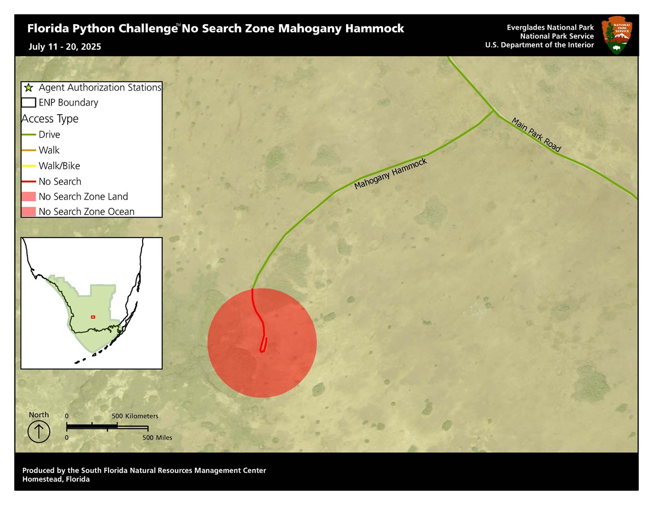 Mahogany Hammock map showing circular red no-search zone and road access.