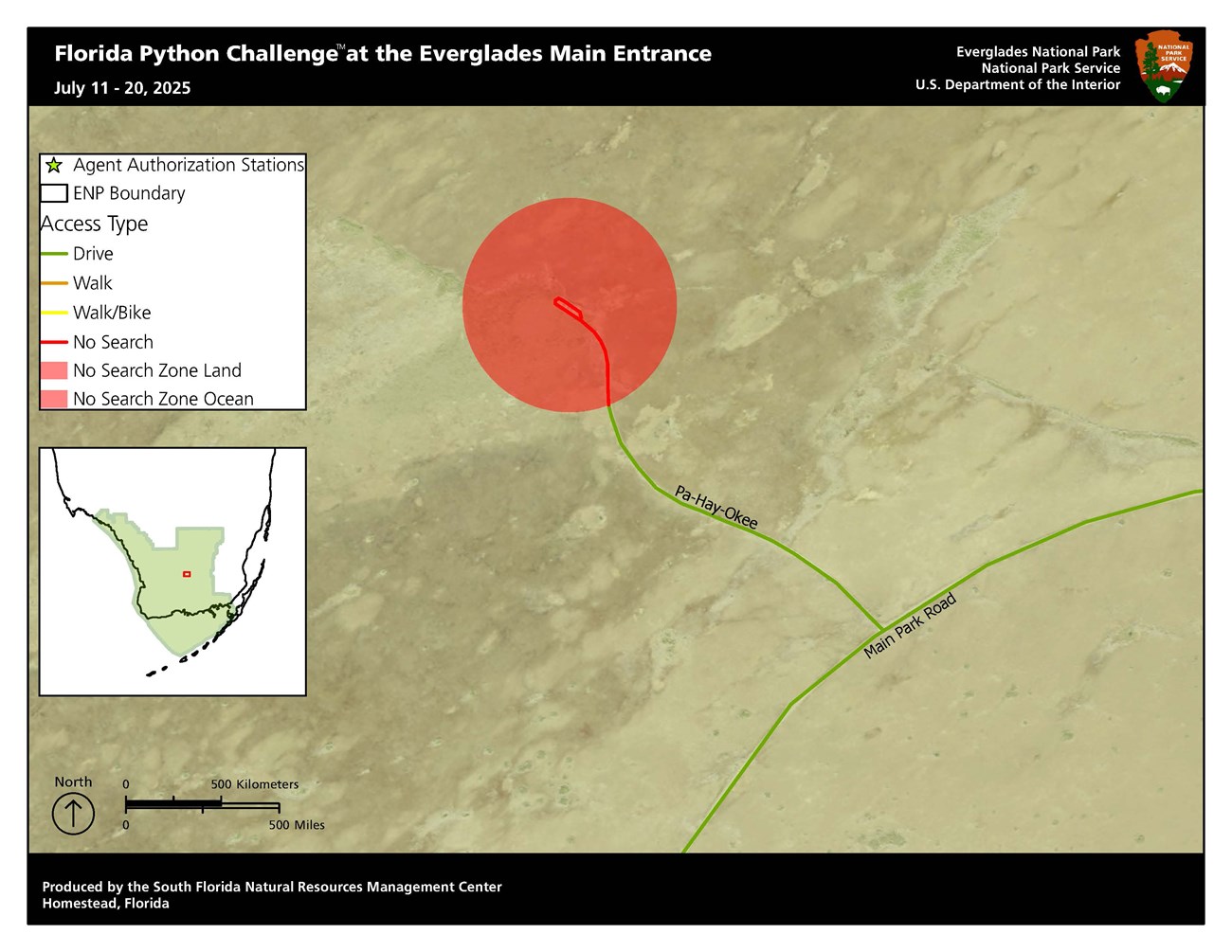 Pa-Hay-Okee map showing overlook with circular red no-search zone.