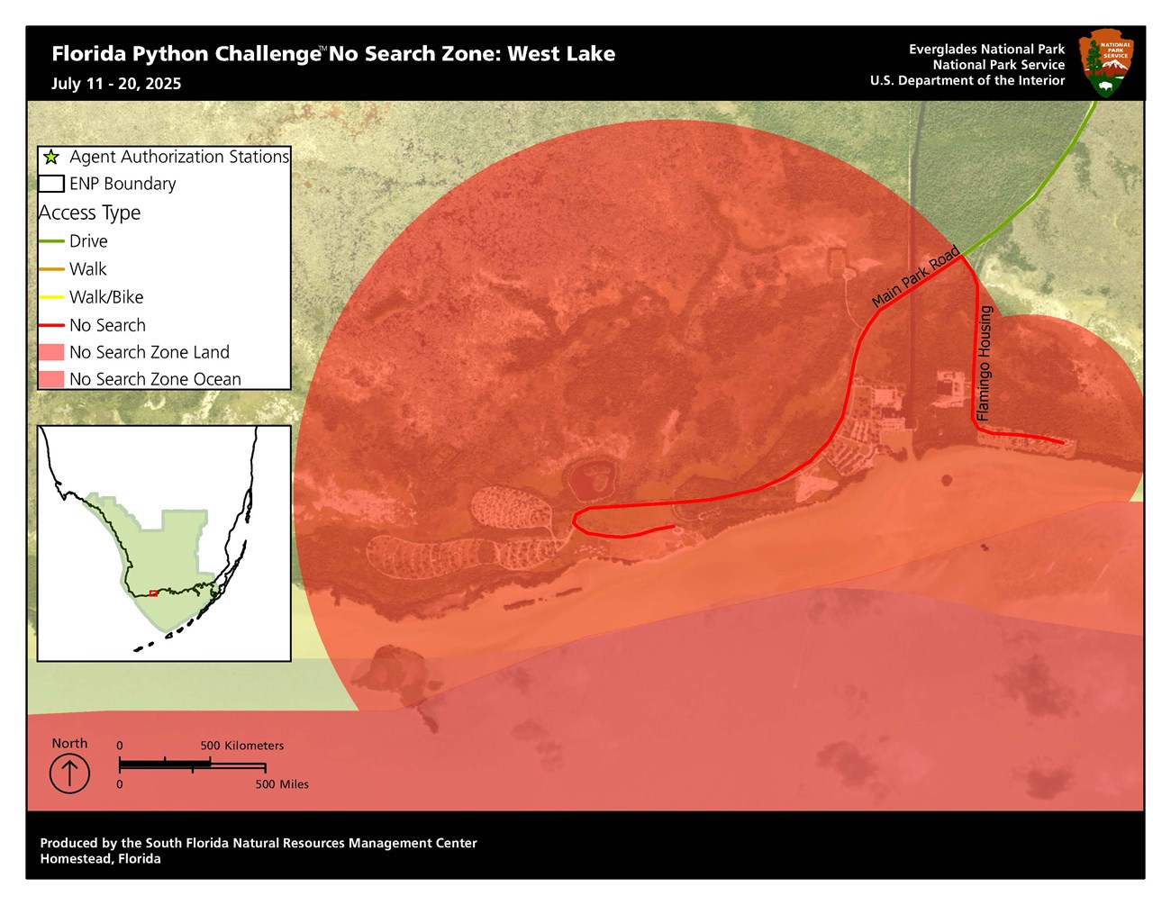 Flamingo map with large red no-search zones at housing, marina, and nearby waters.