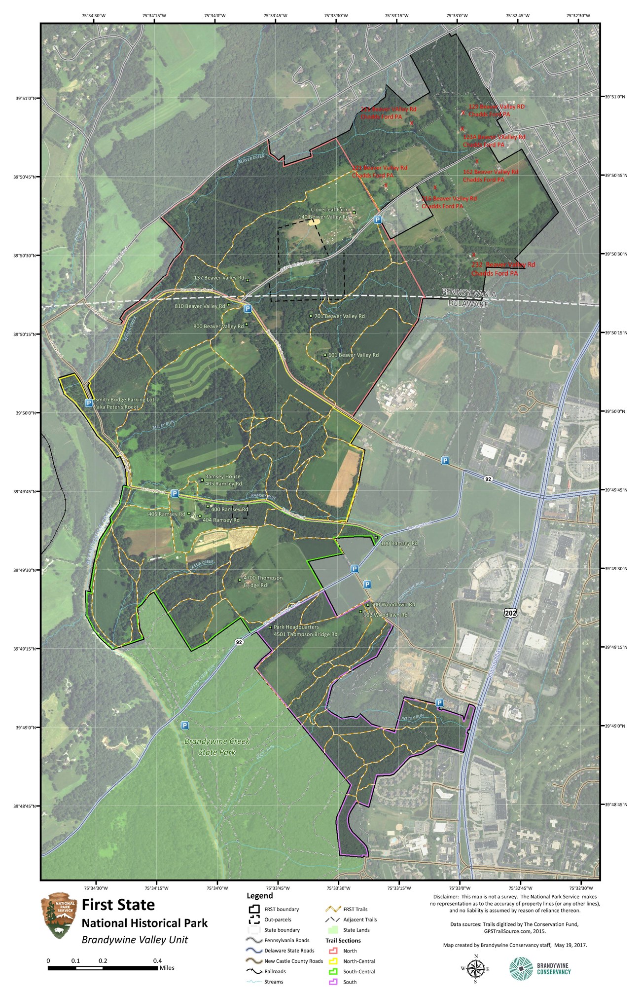 A map of the Brandywine Valley showing the trails and the residences within the boundaries. 