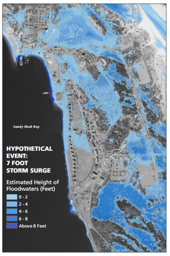 map showing the height of floodwaters of a hypothetical storm surge