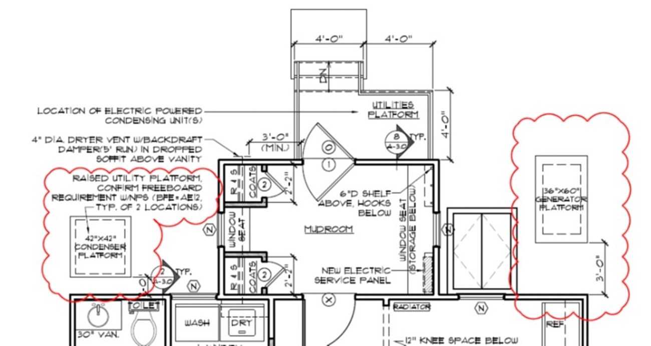 excerpt from plan set showing raised utility platforms for condenser and generator