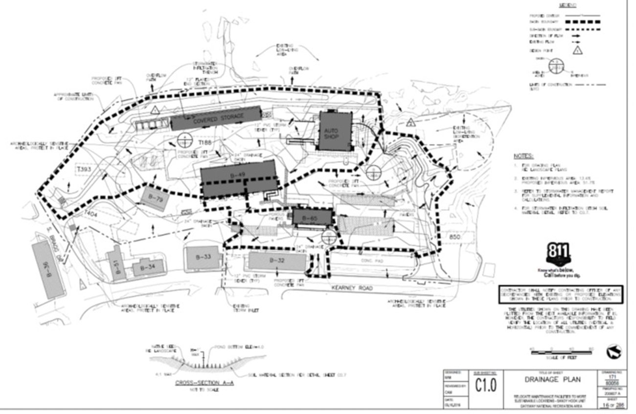black and white map showing the drainage plan for a maintenance building