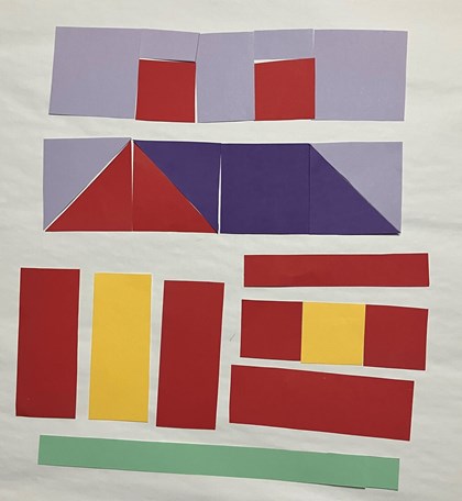 Paper laid out to form parts of a quilt block in the shape of a house, 1st and 2nd row partly together.