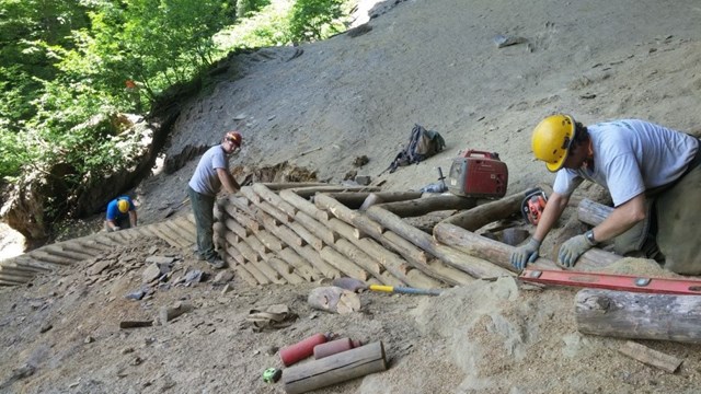 A group of people building a large wooden staircase in the backcountry.