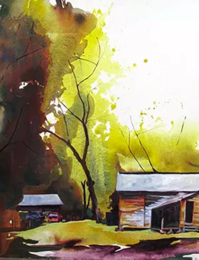 A watercolor painting of two cabins in a forest.