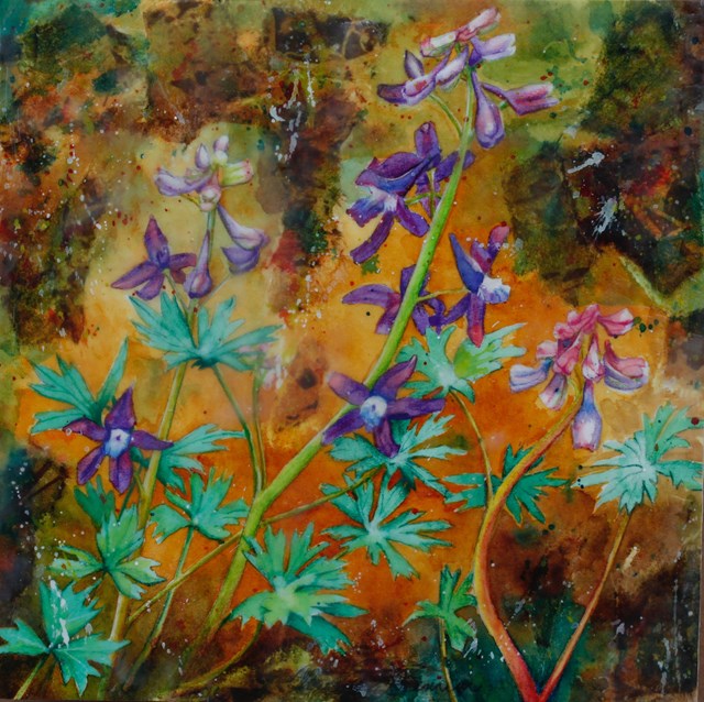 A painting of purple flowers, larkspur, on a moody natural tone background.