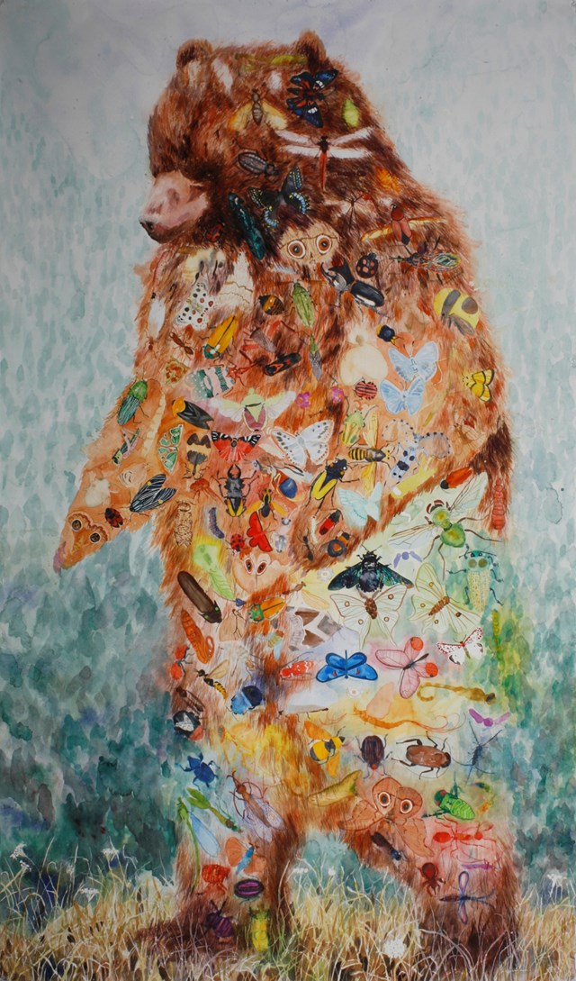 An abstract drawing of a bear standing on its hind legs with insects drawn throughout it.