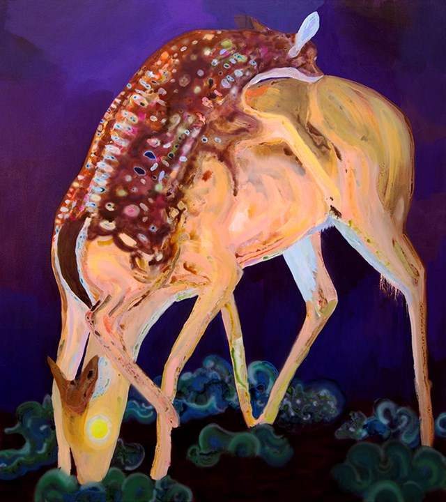 A painting of two abstract deer, one fawn and one doe. The fawn is climbing on the does back. The backdrop is dark purple/blue.