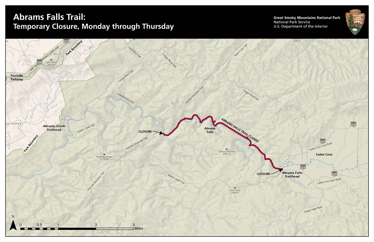 A map of the Abrams Falls Trail, detailing the upcoming closure.