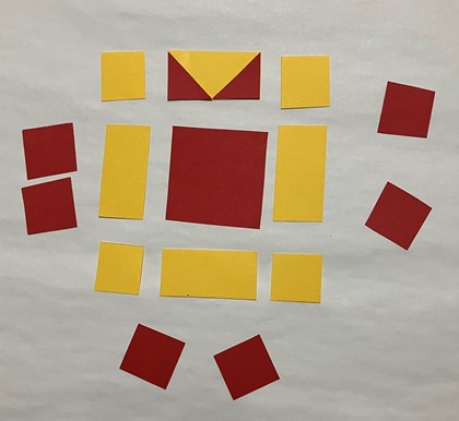 Multiple yellow and red squares laid out. Two overlapped with other at to.