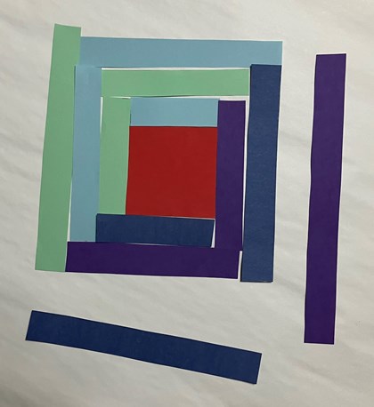 Strips of paper od different colors and sizes around a square.