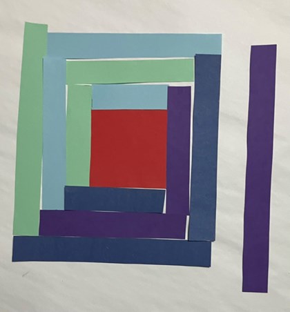 Strips of paper od different colors and sizes around a square.