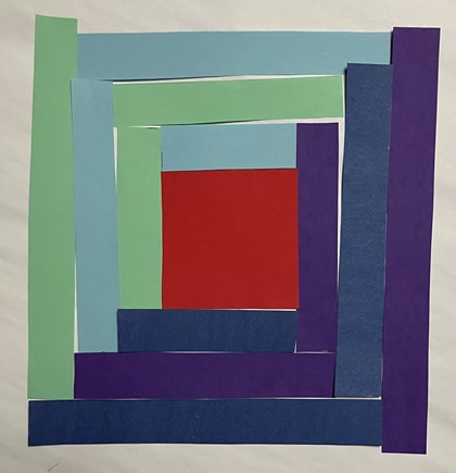 Strips of paper od different colors and sizes around a square.